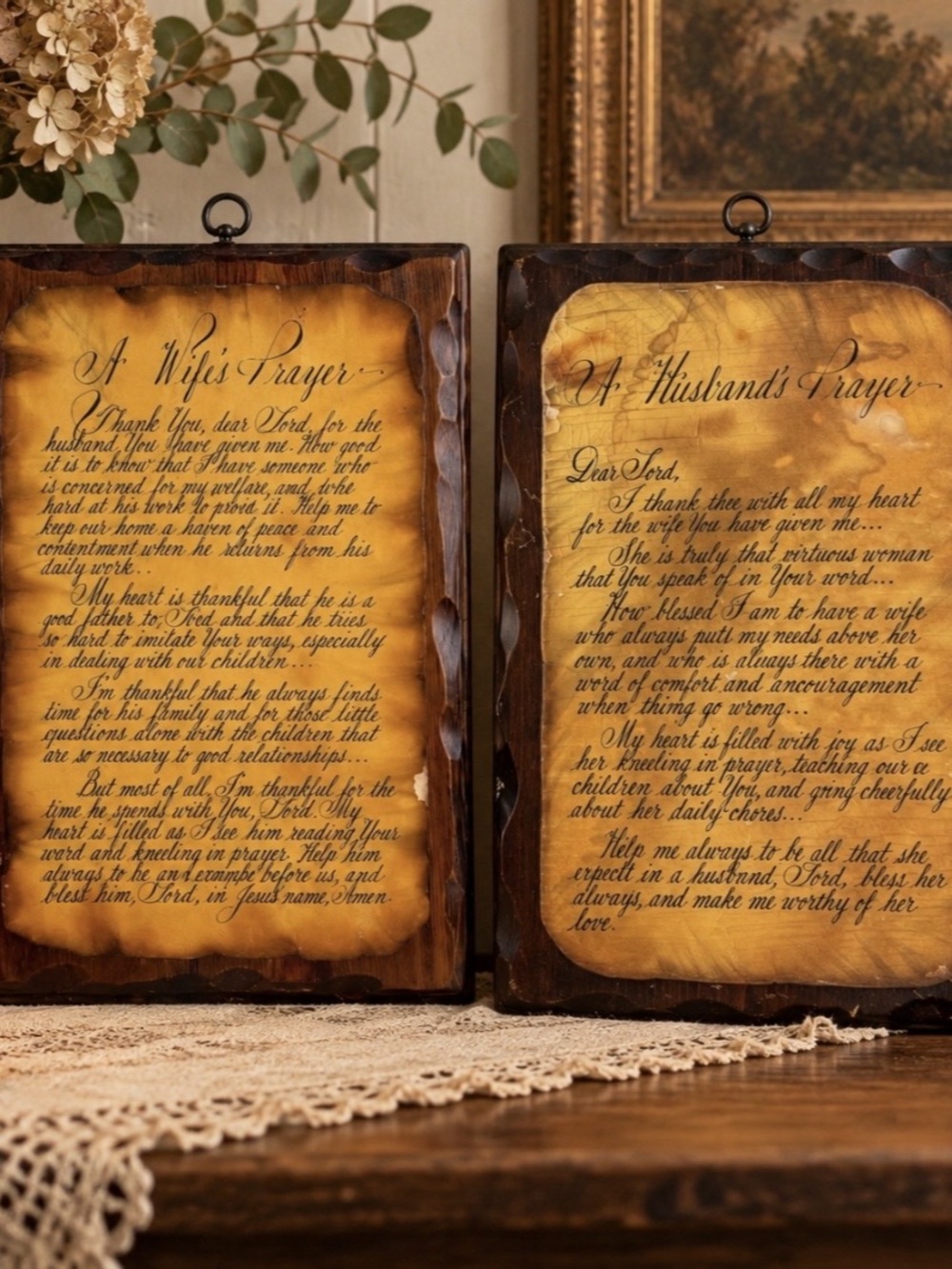 Vintage Husband Wife Prayer Plaques Set Christian Folk Art Wall Decor
